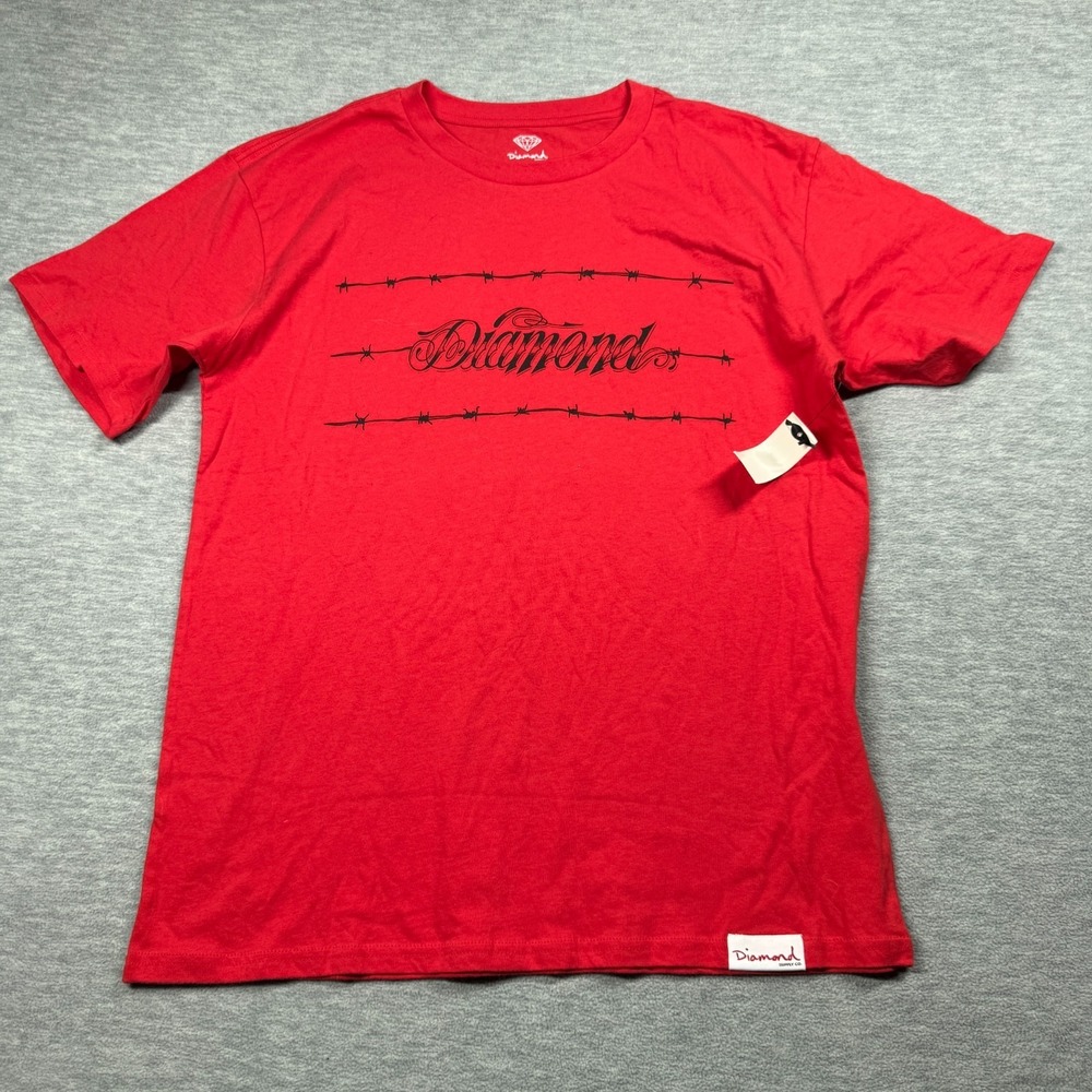 Diamond Supply Co T-Shirt Mens M Red Barbed Wire Logo Script Skateboard Graphic